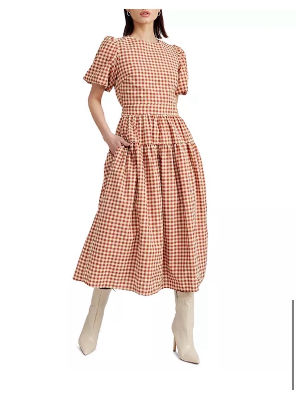 En Saison Gingham Puff Sleeve Midi Dress in brown & Cream Size XS  ‌ - Picture 6 of 6